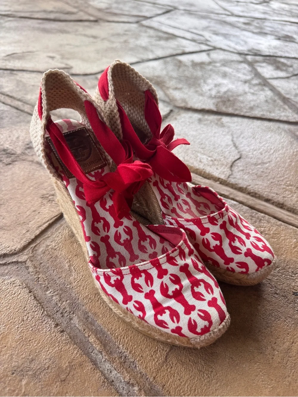 Tory Burch Lobster Print Wedge Wrap Espadrilles Ankle Tie Canvas EU 35 US 5